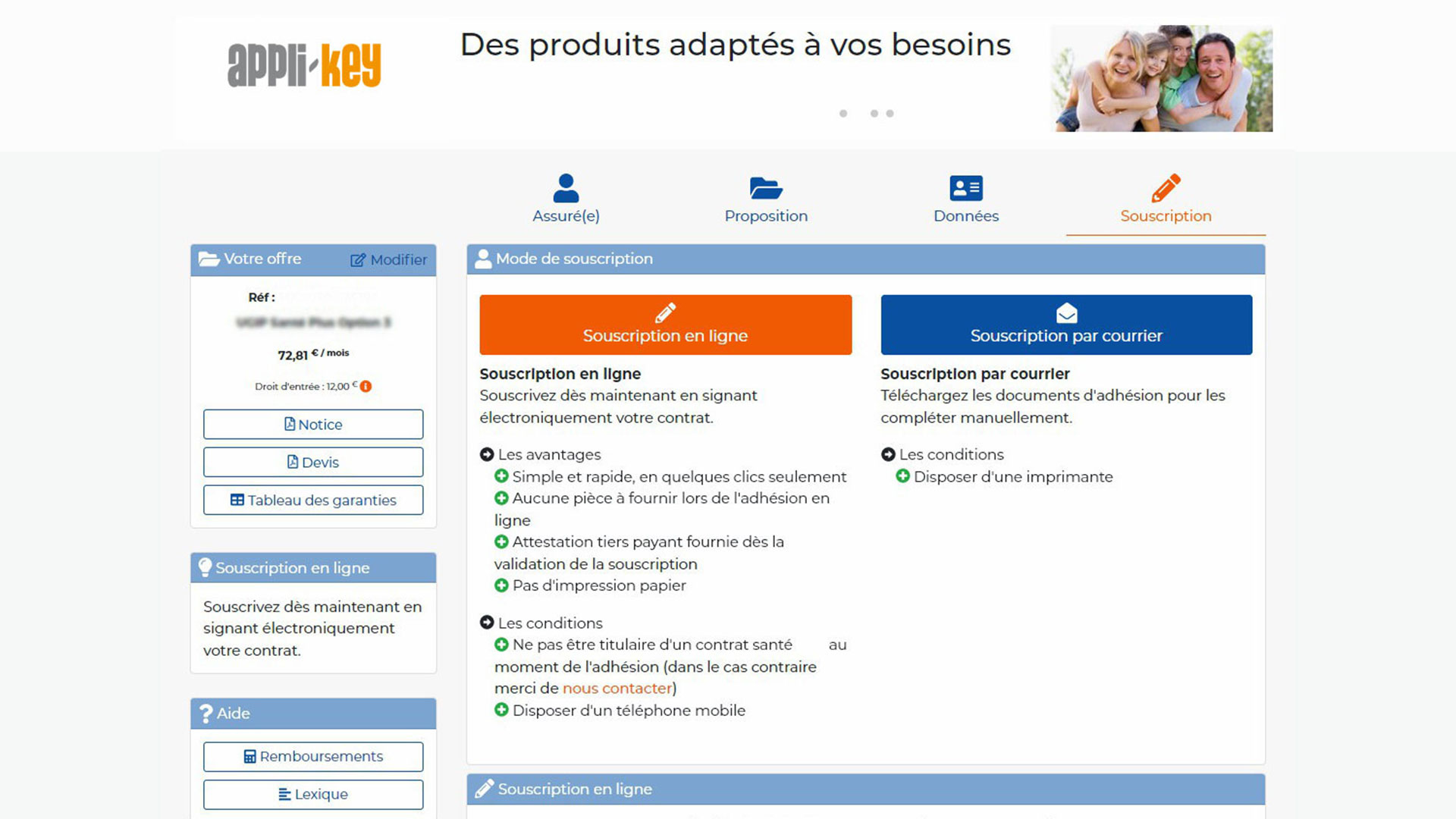 capture d'écran n°1 de Akisa Sante, module de souscription en ligne de produits santé