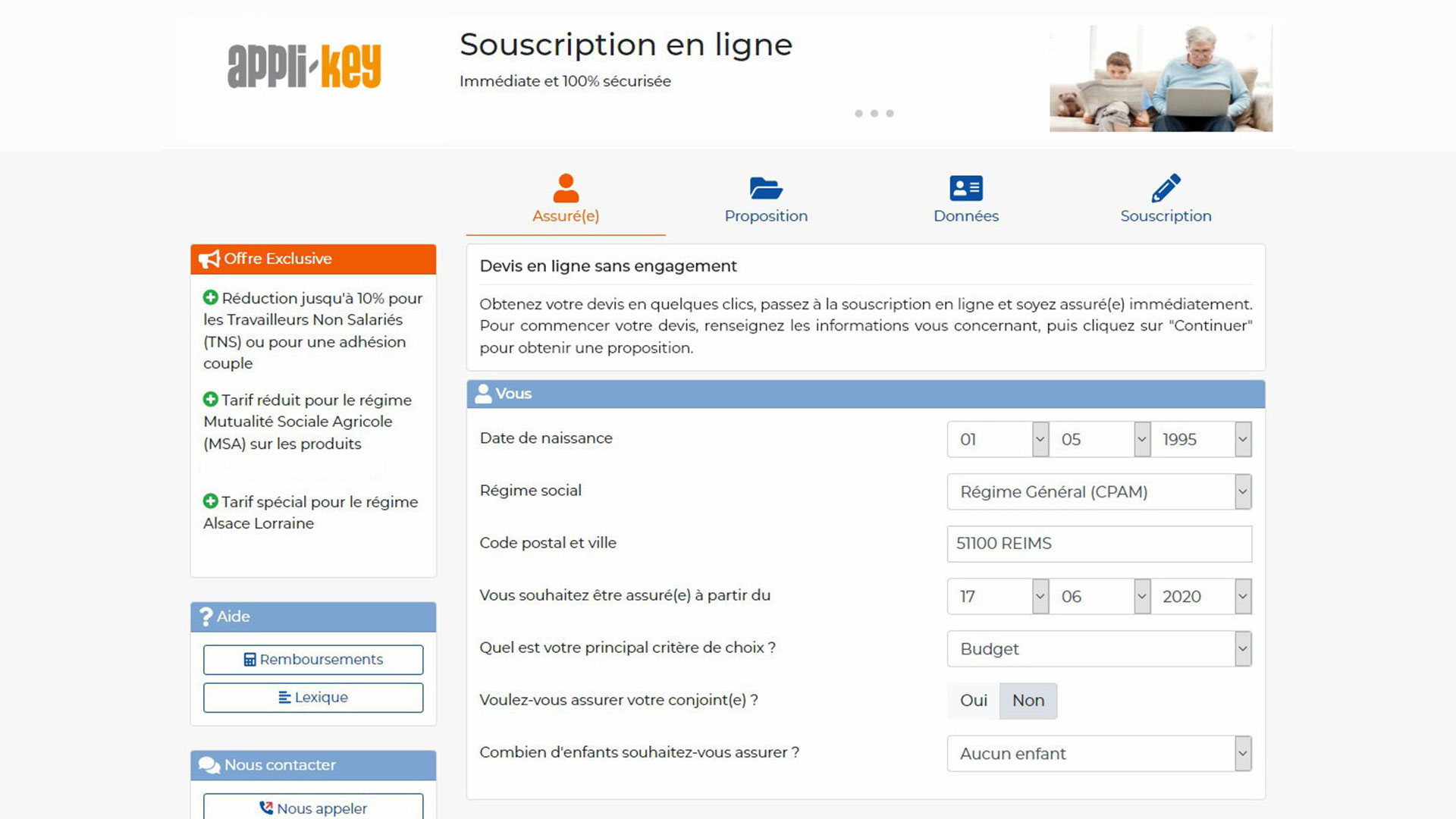 capture d'écran de Akisa, module de souscription en ligne de produits santé et emprunteur