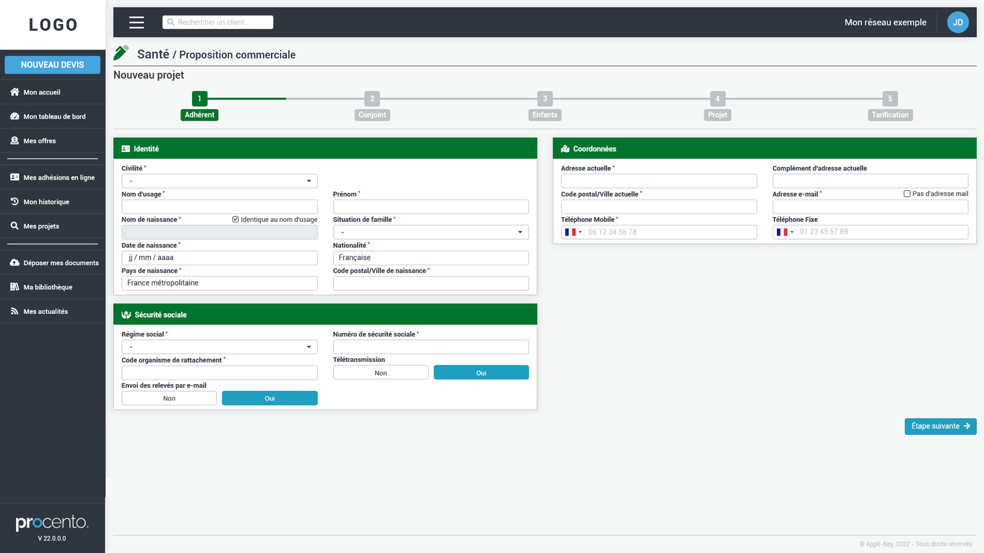 capture d'écran n°1 de Procento, solution saas de gestion de contrats d'assurance prévoyance, santé et emprunteur