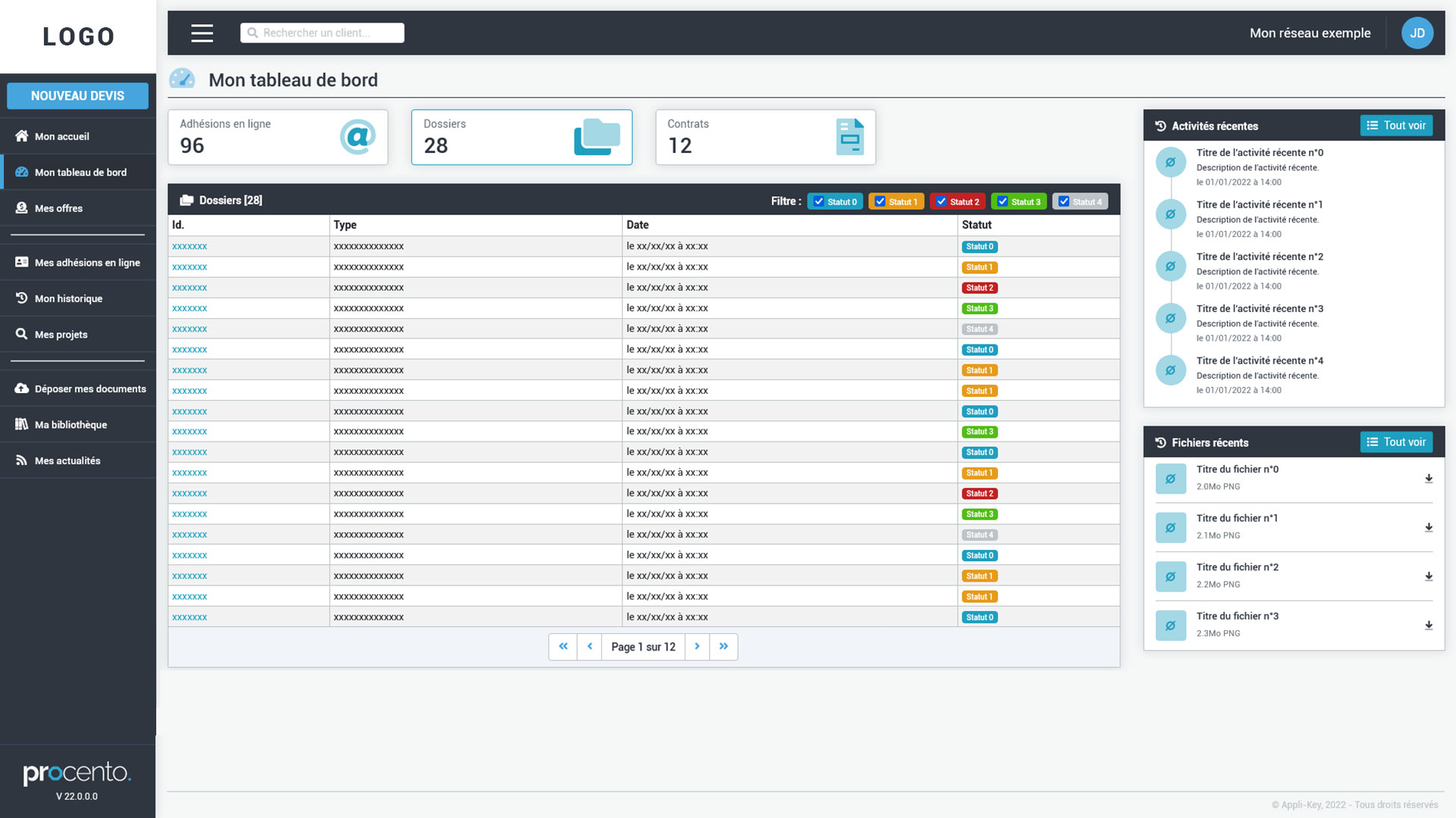 capture d'écran de Procento, solution saas de gestion de contrats d'assurance prévoyance, santé et emprunteur